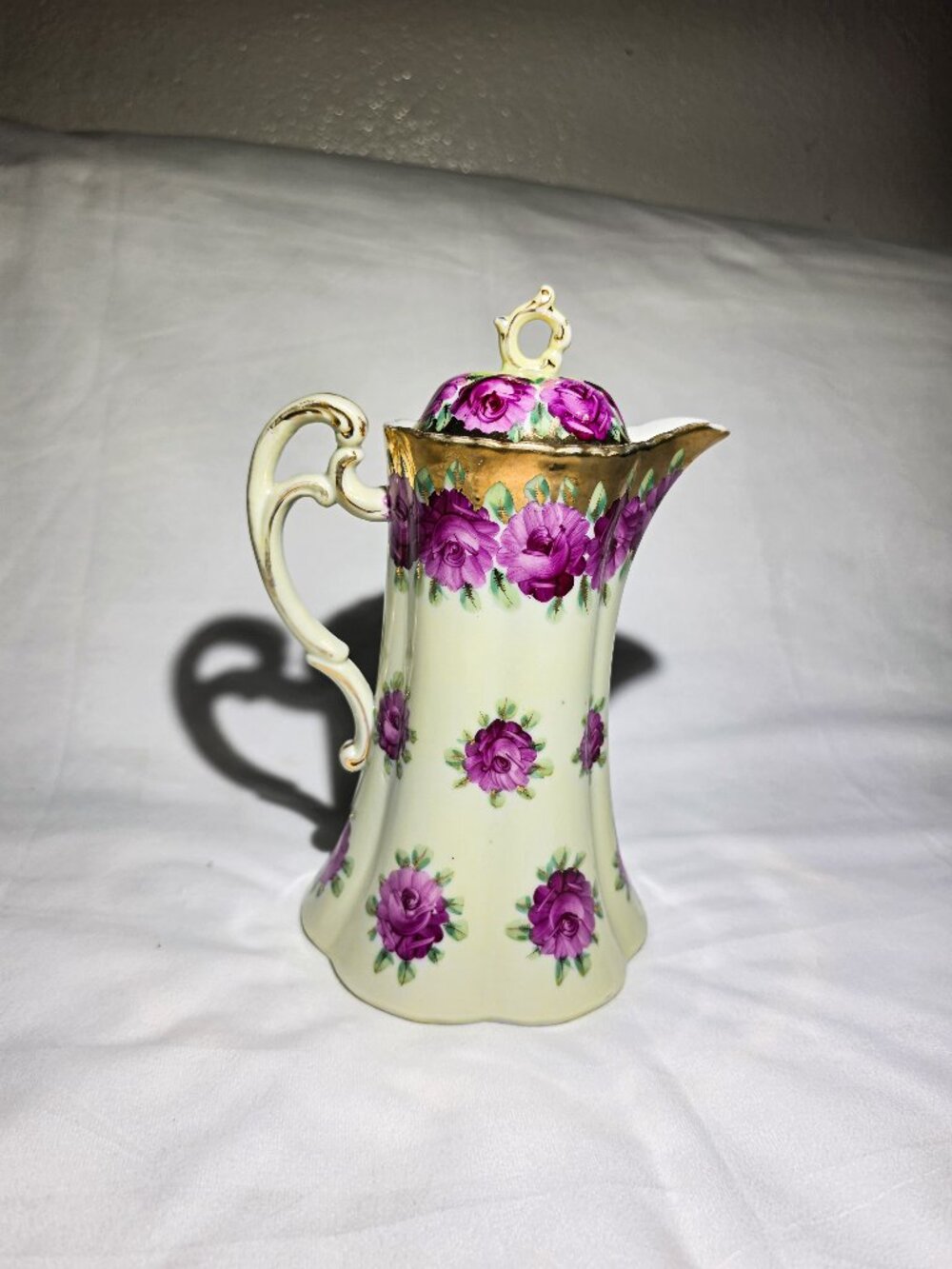Porclelain & Gold Accents Antique Chocolate/Coffee Pot Floral Purple 10" Tall